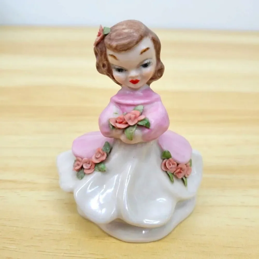 Vintage Pink & Lustery Girl with Applied Flowers Ceramic Figurine